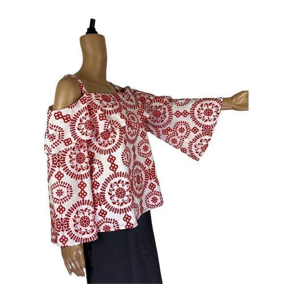 INC Cotton Top Small Red White Womens Embroidery Floral Bell Sleeve Off Shoulder - Picture 2 of 5